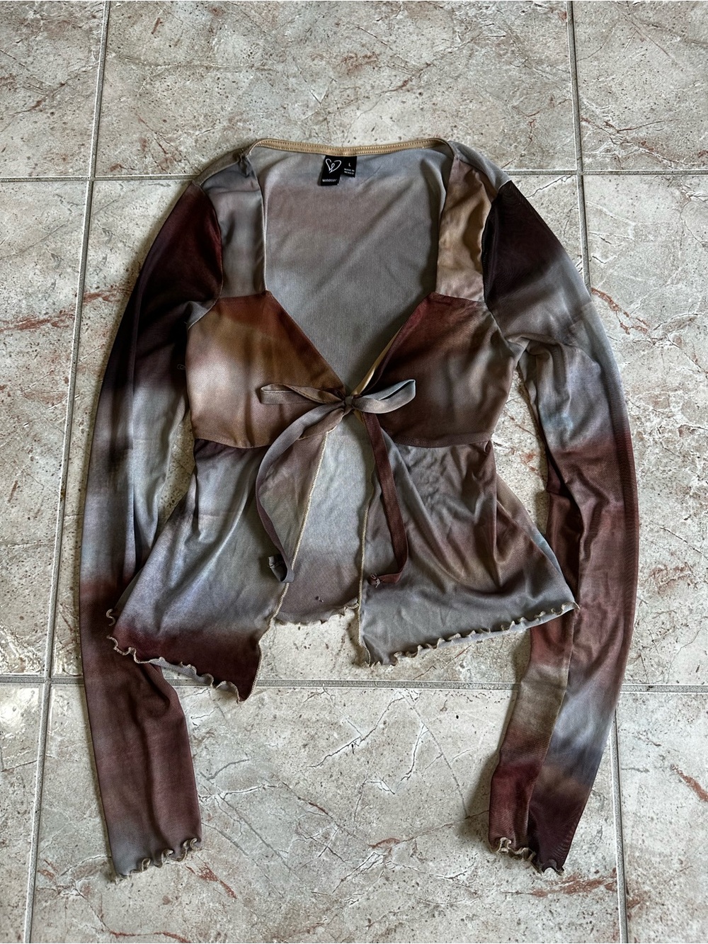 Windsor brown & gray ombré long sleeve top with a tie-front